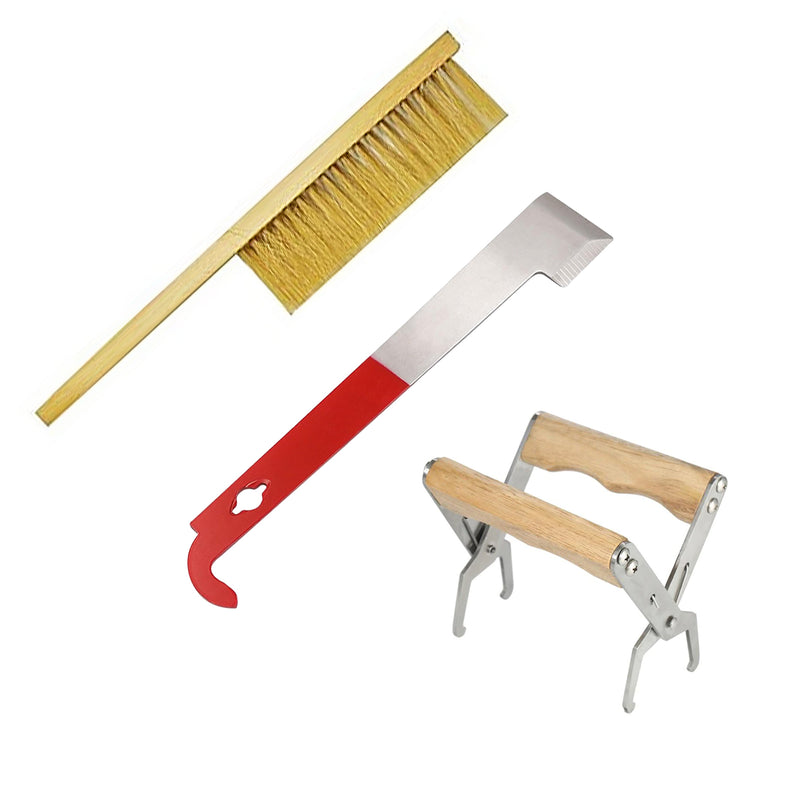 3pcs Bee Hive Tools for Beekeepers, Stainless Steel J Hook Frame Lifter & Scraper, Bee Hive Frame Grip Holder Lifter, Beekeeping Brush with Wooden Handle